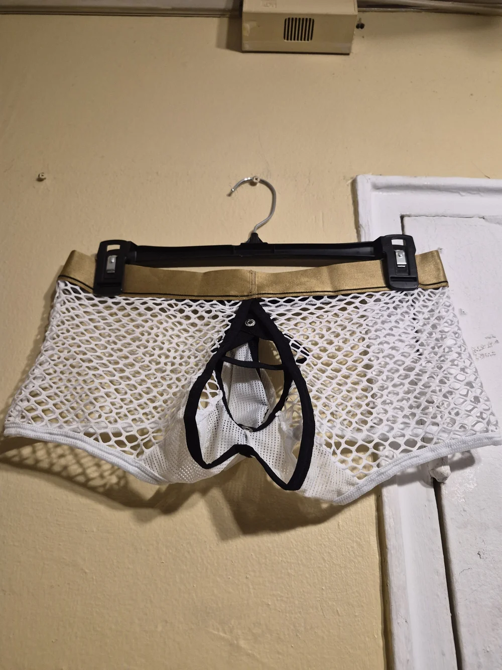 KarenSpace Men's White Mesh Brief with Black Trim and Gold Waistband Size L